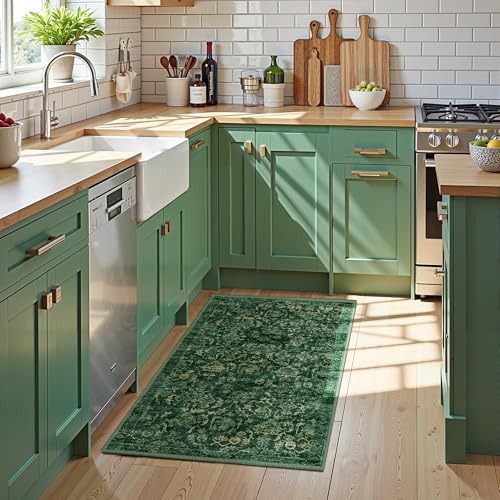Dark Green 2x4 Runner Rug for Hallways Bed Side Kitchen, Boho Washable Distressed Low-Pile Floor Entryway Long Bathroom Mat, Non-Slip Laundry Room Washstand Front Carpet Green 24x48 Inch - color: Dark Green, size: 2'x4'