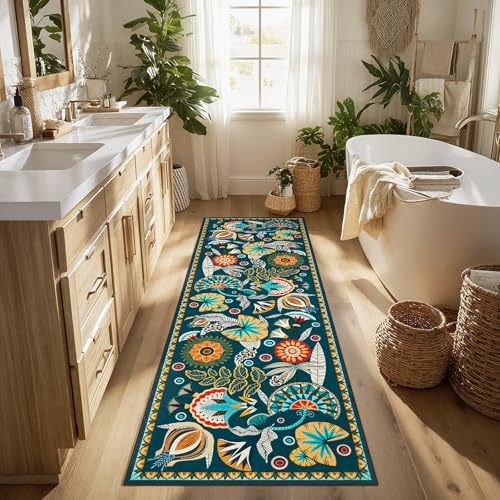 Joydeco Egypt Floral Boho 2x8 Bathroom Hallway Runner Rug Non Slip, Washable Dark Green Kitchen Rug Runner, Vintage Ultra-Thin Long Carpet for Entryway Laundry Bath Room Bed Beside - color: Dark Green, size: 2'7" x 8' (Runner)