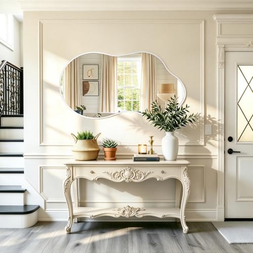 JJUUYOU Mirrors for Wall Metal Framed Decorative Irregular Large Mirrors 20"x36" Asymmetrical for Bathroom Bedroom Living Room Dressing Room Entryway White - color: White, size: 36"L x 20"W
