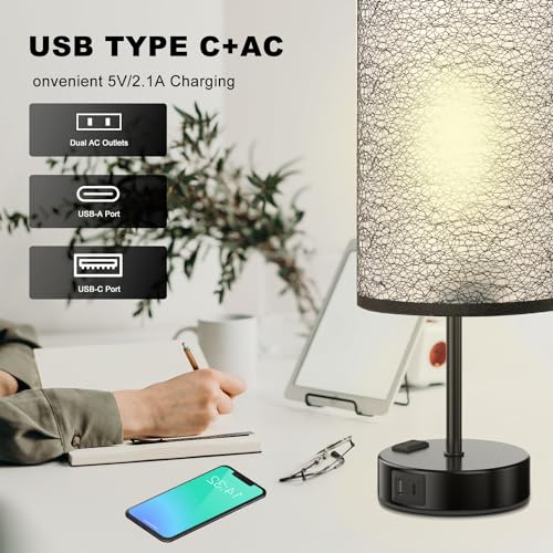 Table Lamp for Bedroom with Touch Control,Bedside Lamp with USB C+A Charging Ports& AC Outlets, Adjustable 3color LED Light for Home Decor/Nightstand/Bedroom/Office,Included Bulb and Fabric Lamp Shade - color: Black, size: 2PCS