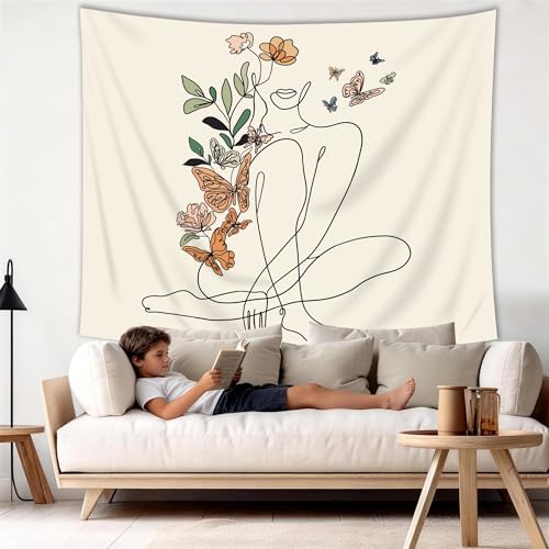 SVBright Abstract Woman Butterfly Fabric Wall Hanging Tapestry 59Wx51H Inch Mid Century Modern Minimalist Flower Plant Beige Terracotta Aesthetic Portrait Home Decor Art for Living Room Bedroom Dorm - color: Beige Woman Sitting, size: 51"L x 59"W