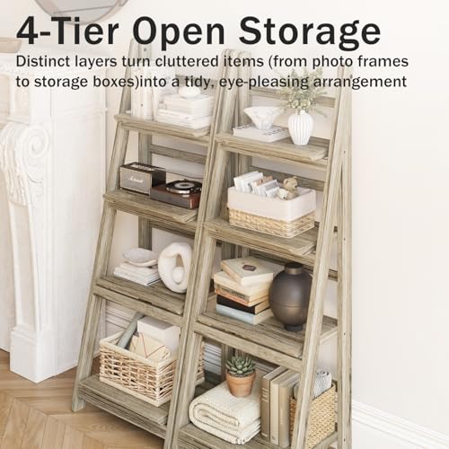 Ladder Shelves - Folding Wooden Ladder Bookshelf, 4-Tier Retro Plant Stand Storage Shelves for Home Living Room, Light Brown - color: Light Brown