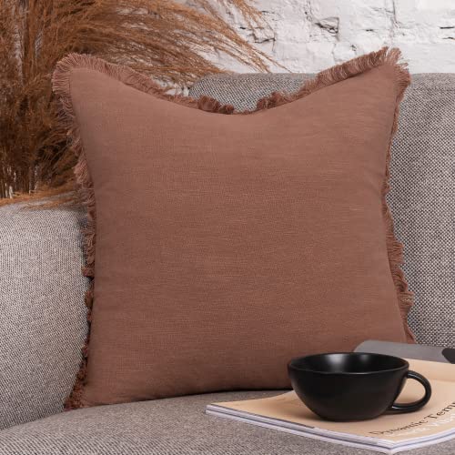 INSPIRED IVORY Linen Pillow Cover 20x20 Inch - Rustic Decorative Cinnamon Brown Throw Pillow Cover with Fringe - Farmhouse Accent Pillow Cushion Cover for Sofa, Couch, Bed Decor, Single Sham, 50x50cm