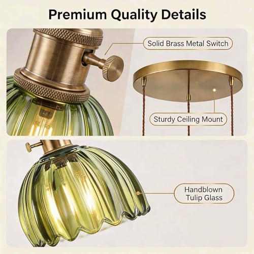 Green Tulip Glass Pendant Light, 3 Natural Light Bulbs Included, Adjustable Cord with Switch, Suitable for Kitchen Island/Dining Room - color: Green 3pcsTulip Pendant Light