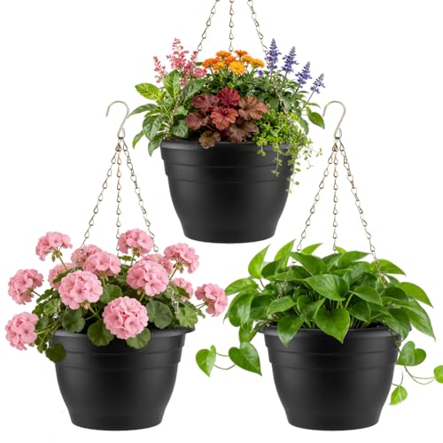 RooTrimmer Hanging Planters 11 Inch, 3 Pcs Flower Pots with Drainage Hole, Self Watering Hanging Basket for Indoor Outdoor Plants, Decor, Black - color: Black, size: 11 Inch-3P