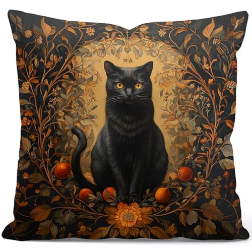 YOU FOUND ME William Morris Abstract Vintage Black Cat Design Throw Pillow Cover Home Decor, Art Decor Pillowcase Cushion Cover for Bed Sofa Living Room, Indoor and Outdoor 18x18inch (Black Cat2) - color: Black Cat2