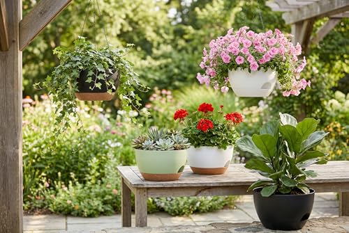 Hanging Planters 3-Pack, 8 Inch Self-Watering Hanging Pots with Drainage Hole and Chains, Plastic Planters for Indoor Outdoor（White） - color: White, size: 8 inches