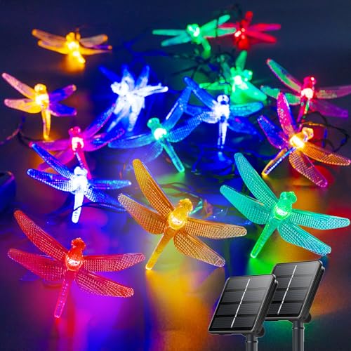 OZS 2PK 40LED 50FT Dragonfly Solar Lights Outdoor Waterproof, Multicolor Solar Fairy Lights with 8 Lighting Modes, Garden Decor for Outside, Pathway Lights for Fence, Patio, Yard - color: Dragonfly-Multicolor