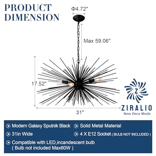 31in Black Sputnik Chandelier 4-Light Starburst Chandelier Light Fixture Solid Metal Mid-Century Modern Satellite Light Fixture for Dining Room Bedroom Bathroom Entryway Kitchen Island Foyer - color: Black 31" 4-Light