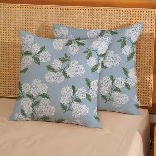 Light Blue Pillow Covers 16x16 Inch 2 Pcs Blue Green Hydrangea Flower Decor Throw Pillows Vintage Floral Seasonal Spring Summer Outdoor Decoration Pillowcase Linen Cushion Cover for Couch Sofa - color: Light Blue Hydrangea, size: 16" x 16" (Pack of 2)