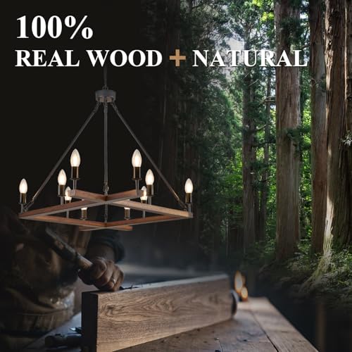 Rustic L53'' Wooden Square Chandelier 10-Light Farmhouse Unique Rectangular Candle Chandelier with White Light Socket for Living Dining Room Foyer Kitchen Bedroom High Ceiling, E12 - color: Walnut, size: 53 inches