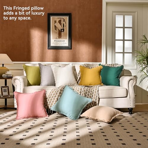 AmHoo Pack of 2 Linen Pillow Covers with Tassels Fringed Decorative Rustic Natural Throw Pillowcase Cushion for Couch Sofa Bedroom 20 x 20-Inch Off White - color: Off White, size: 20" x 20" (Pack of 2)