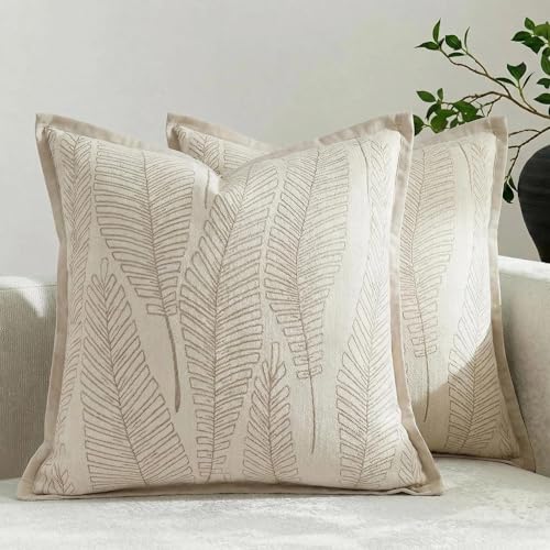 Floral Cushion Covers Leaf Pattern Throw Pillow Covers 18x18 Set of 2 William Morris Decorative Pillow Covers for Bed Couch Living Room Chenille Jacquard Accent Home Decor Cream White - color: Leaf White, size: 18" x 18" (Pack of 2)