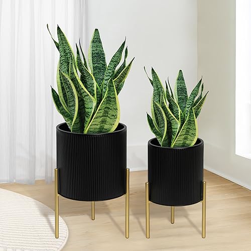 ARNIS Modern Planter Pots, Set of 2 Round Large Planters with Stand, Decorative Planters, Metal Pots with Drainage Holes for Living Room, Office, Garden or Balcony, 8.25 &10.5 Inch, Black & Gold - color: Black, size: 8.25 &10.5