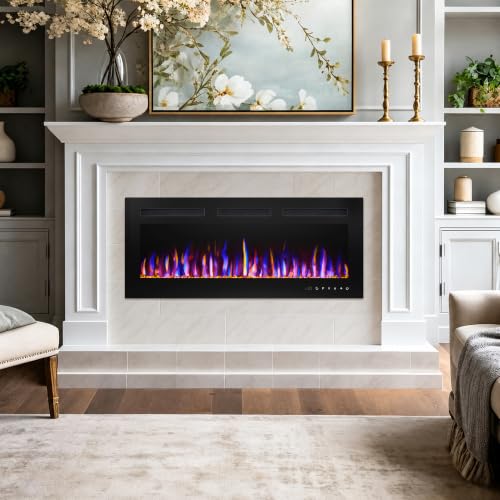 BETELNUT 40" Electric Fireplace Wall Mounted and Recessed with Remote Control, 750/1500W Ultra-Thin Wall Fireplace Heater W/Timer Adjustable Flame Color and Brightness, Log Set & Crystal Options - size: 40 Inch