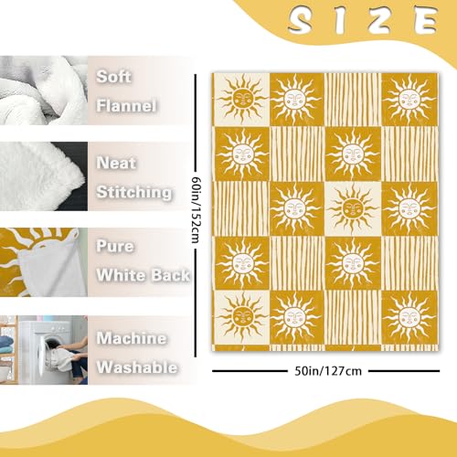 Boho Sun Face Flannel Throw Blanket, Bohemia Sunshine Yellow Birthday Gifts for Kids Men Women, Sunny Plaid Check Stripes Soft Blankets for Bedding Sofa 50" x 60" - color: Boho Sun