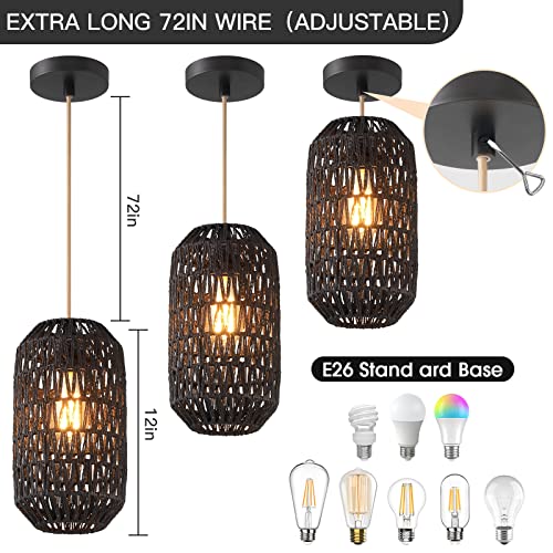 Ruzectt Pendant Light Fixtures Black Rattan Pendant Lights for Kitchen Island with 72in Adjustable Golden Cotton Cord, Farmhouse Wicker Basket Light Fixture for Living Room (Black-A) - color: Black-A