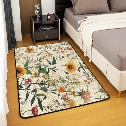 Erosebridal Boho Flower Floral Area Rug 6'6" x 4'11" Botanical Neutral Living Room Rugs Vintage Landscape Wildflower Decorative Carpet Retro Country Indoor Floor Mat - color: Beige Yellow, size: 4'11" x 6'6" (Rectangular)
