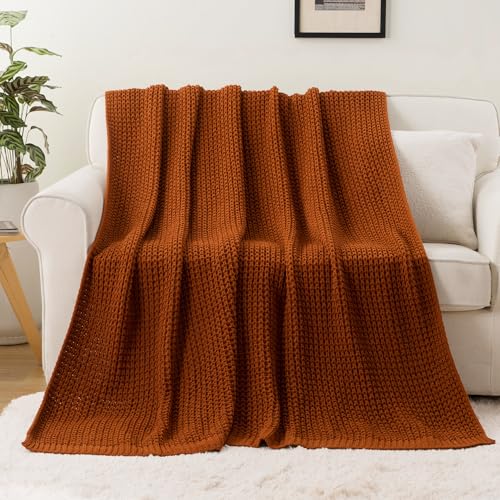 Bunnikins & Clover Knitted Waffle Blanket Throw, Fall Throw Blanket for Home Decoration, Caramel Throw Blanket for Couch, 50"x60" - color: Caramel, size: 50"x60"
