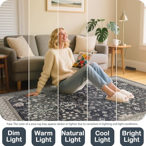 Area Rugs for Living Room 5x7, Stain Resistant Non-Slip Washable Bedroom Rug, Soft Vintage Boho Rug for Dining Room Kitchen Playroom (Charcoal Blush Ivory) - color: Charcoal Blush Ivory, size: 5' x 7' (Rectangular)