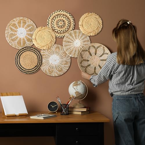 Xuhal 8 Pcs Boho Wall Basket Decor Decorative Bulrush Woven Basket Wall Decor Rustic Farmhouse Hanging Baskets for Kitchen Rustic Home Summer Decorations - style: Groovy
