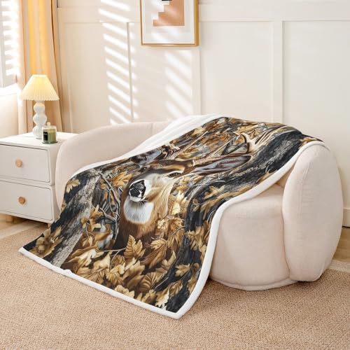 Feelyou Camo Deer Fleece Throw Blanket Queen 90"x90" Kids Western Deer Hunting Plush Blanket Boys Camo Moose Sherpa Blanket Camouflage Deer Hunting Fuzzy Blanket - color: Multi 122302, size: Queen