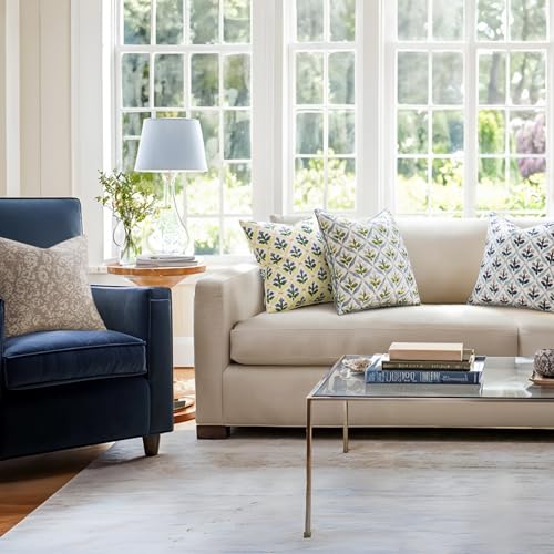 MIULEE Floral Decorative Pillow Covers Set of 2,Block Print Throw Pillowcases Outdoor Boho Farmhouse Vintage Summer Accent Cushion Covers for Couch paito Garden Sofa Bed 18x18 Inch, Yellow-Blue - color: Yellow-blue, size: 18" x 18" (Pack of 2)