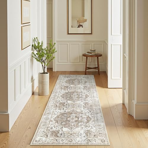 jinchan Runner Rug 2x6 Washable Hallway Rug Vintage Traditional Floor Cover Thin Taupe Multi Distressed Floral Indoor Mat for Kitchen Bathroom Bedroom Living Room - color: Medallion Taupe Multi, size: 2' x 6' (Runner)