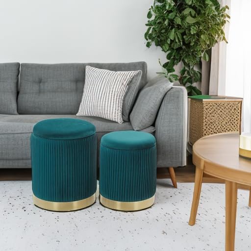 Green Velvet Round Storage Ottoman Set of 2 - Living Room & Bedroom Dorm Storage Ottoman Stool Accent Chairs with Modern Gold Base