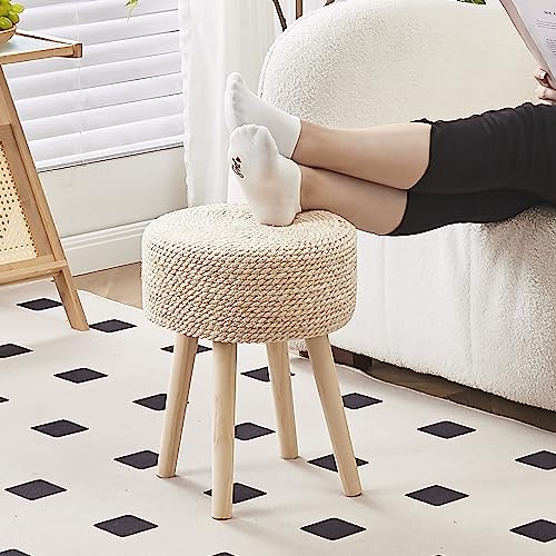 Cpintltr Footstool Ottoman Round Natural Seagrass Foot Stool Pouf Ottomans with Solid Wood Legs Hand Weave Footrest Step Stool for Living Room Bedroom Balcony Garden Natural - color: Natural