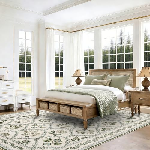 Green Floral Living Room Rug 5x8 Olive Green and Beige Area Rug Washable Bedroom, Low-Pile Soft Dining Room Farmhouse Boho Cottage Aesthetic Vintage Floor Covering Print Playroom Carpet - color: Olive / Beige, size: 5' x 8' (Rectangular)