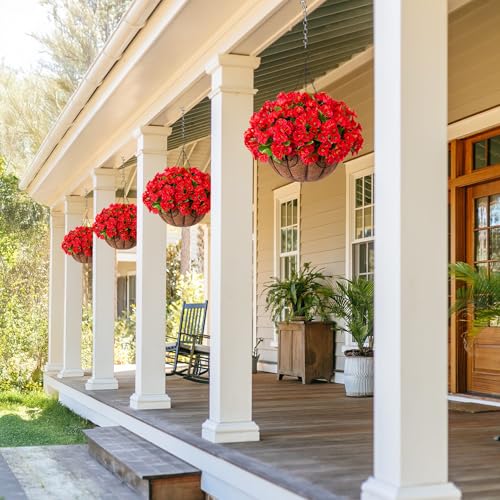 Ammyoo Artificial Hanging Flower Plants with Basket for Outdoor Decoration, Faux Petunias Flowers Fake Morning Glory Plants for Hanging Outside Patio Garden Porch Balcony Yard Spring Decor(Red) - color: Red