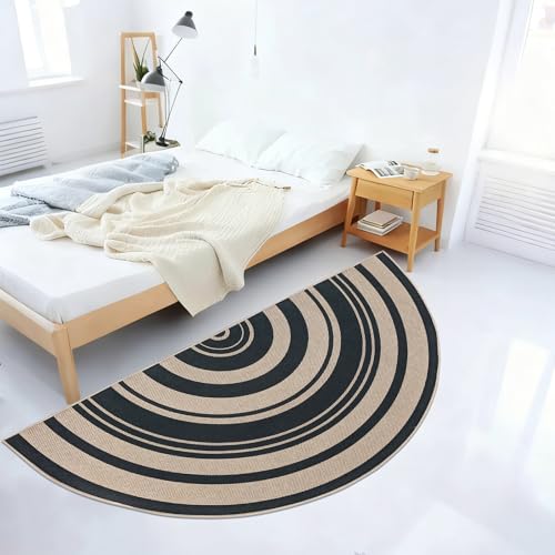 Easy Jute Rug 3x6Ft Half Circle Rainbow Carpet for Farmhouse Bedroom Carpet, Non-Slip Half Round Thin Neutral Floor Mat for Living Room Patio Kids Room Kitchen, Indoor Outdoor, Black 1 - color: Black 1, size: 3'x6'