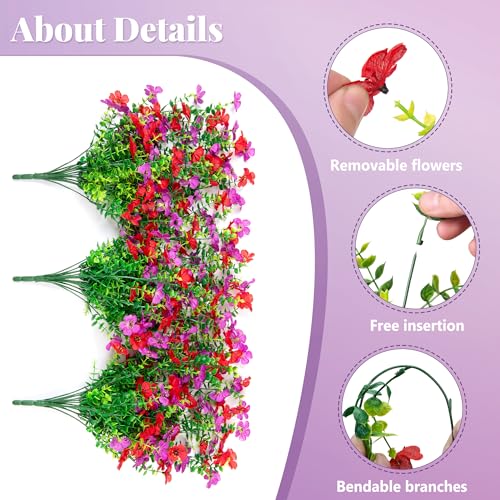 Artificial Fake Hanging Flowers Plants with Basket Spring Outdoor Decor,Faux Silk Flowers with Eucalyptus in Planter No Fade Flower in Basket for Farmhouse Home Garden Porch Patio Balcony(Red Purple) - color: Red Purple