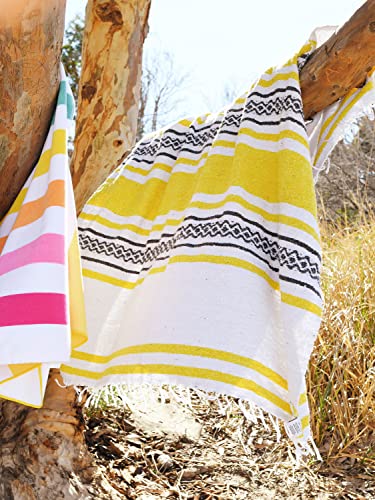 Gray and Yellow Mexican Blanket by Laguna Beach Textile Co - Beach, Yoga, Camping, or Decorative Throw Blanket - Traditional Handmade Serape - Yellow Stone - color: Yellow Stone