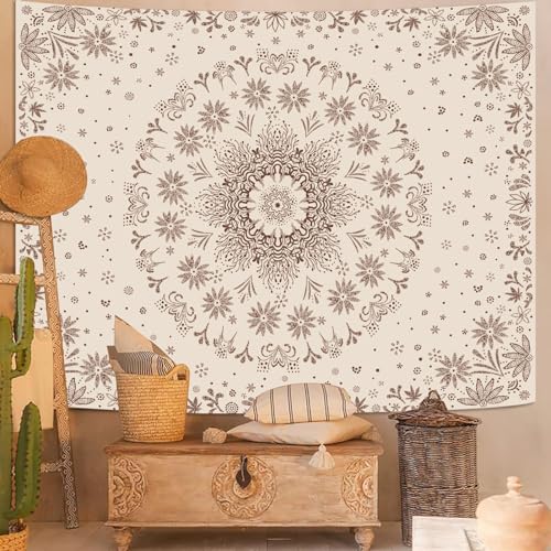 Fowocu Boho Floral Mandala Tapestry Wall Hanging Bohemian Flower Medallion Tapestry Aesthetic Beige Brown Hippie Indian Small Tapestries for Bedroom Living Room Dorm Decor 90 x 68 Inch - color: Brown, size: 90"L x 68"W