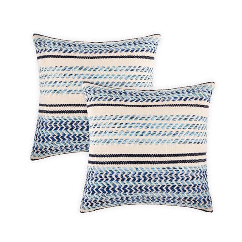 · REDEARTH · Boho Textured Throw Pillow Cushion Covers - Woven Tufted Decorative Farmhouse Cases Set for Couch - Bed - Chair - Dining - Covered Patio - 100% Cotton (18"x18" - Indigo Natural) Pack of 2 - color: Serenity Twill Indigo, size: 18" x 18" (Pack