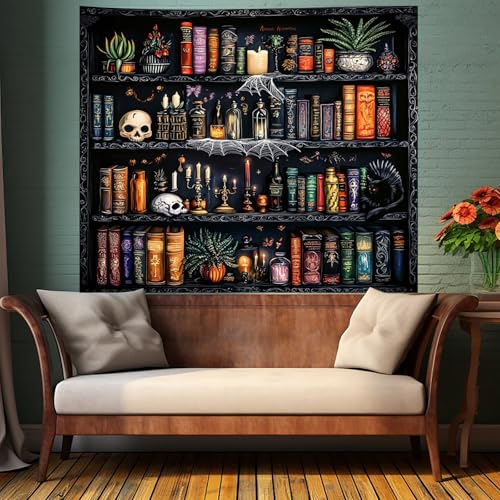 Algasan Magic Bookshelf Tapestry Magical Book Tapestry Gothic Witchy Vintage Library Skull Potion Black Cat Candle Botanical Backdrop for Bedroom Living Room Dorm 78.7 x 59.1 Inches - size: 78.7"L x 59.1"W