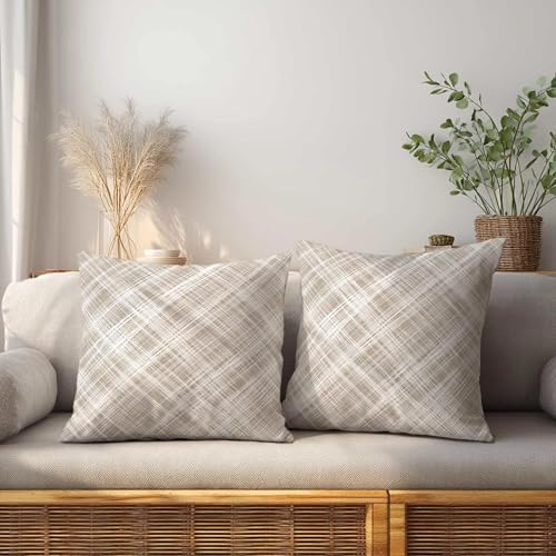 Crosshatch Throw Pillow Covers 18x18 Set of 2 | Beige White Decorative Cushion Covers | Neutral Farmhouse Pillow Cases for Couch Sofa Bed Living Room - color: Neutral Crosshatch