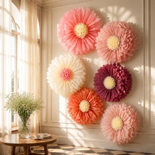 Giegxin 6 Pcs 31.5", 24" Pink Giant Paper Flower Boho Large Tissue Paper Flower for Wall Big Pink Pom Pom Floral Decorations for Wedding Bridal Shower Tea Party Baby Shower Classroom Birthday Decor - color: Pink, size: Circle 31.5", 24"