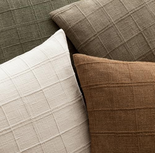 Foindtower Set of 1 Decorative Linen Check Throw Pillow Cover Neutral Farmhouse Vintage Cushion Cover Modern Boho Home Decor for Sofa Chair Couch Bedroom Living Room Outdoor,16×16 Inch,Light Brown - color: Brown, size: 16" x 16" (Pack of 1)