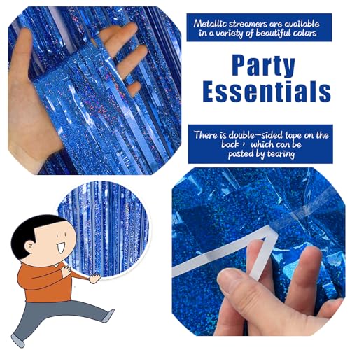 BOMSI 3 Pack Blue Backdrop Party Streamers Ocean Themed Decor Birthday Party Decorations Foil Fringe Backdrop Curtain Graduation Bachelorette Winter Holiday Gender Reveal Party Decorations Supplies - color: Dark Blue
