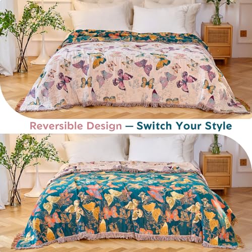 Boho Butterfly Throw Blanket 50"x60" Couch Blanket,100% Cotton Reversible Soft Breathable Lightweight Spring Decorative Blankets with Tassels for Sofa Bed Decor All Season - color: Butterfly-white, size: 50"x60"