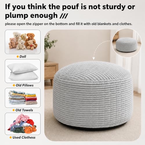 Round Stuffed Pouf Ottoman, Foot Stool Ottoman ,Corduroy Poufs with Foam Chunk Filling, Furry and Fluffy Storage Ottomans, 20 X 15 Floor Poufs Foot Rest for Living Room - color: Grey, size: 20"D x 20"W x 15"H