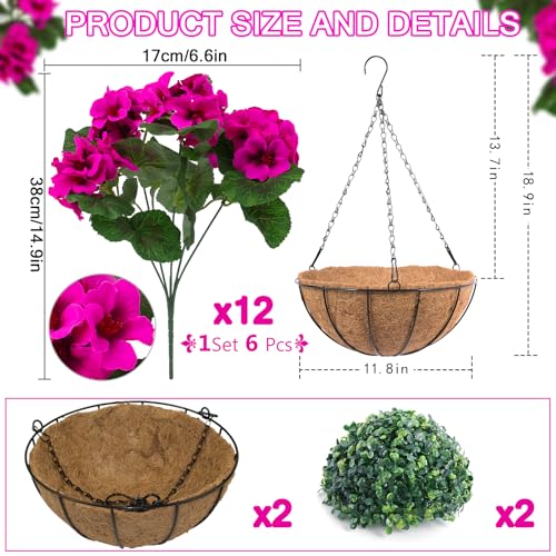 Hananona 2 Set Artificial Outdoor Geraniums Flowers with Hanging Basket, 2 Hanging Planters with 12 Pcs Red Geranium Flowers for Spring Summer Front Porch Garden Patio Home Decor (2, Rose Red) - color: Rose Red
