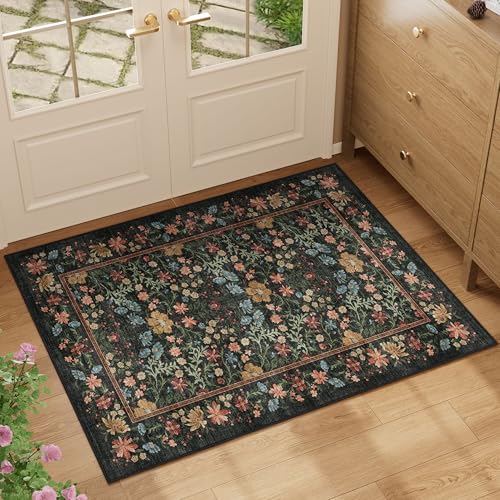 DUKINO 2x3 Entryway Rug, Floral Washable Area Rug with Non Slip Indoor Door Mat, Vintage Low Pile Small Front Door Throw Carpet for Kitchen, Entrance, Bathroom, Bedroom, Black - color: Black, size: 2' x 3' (Rectangular)