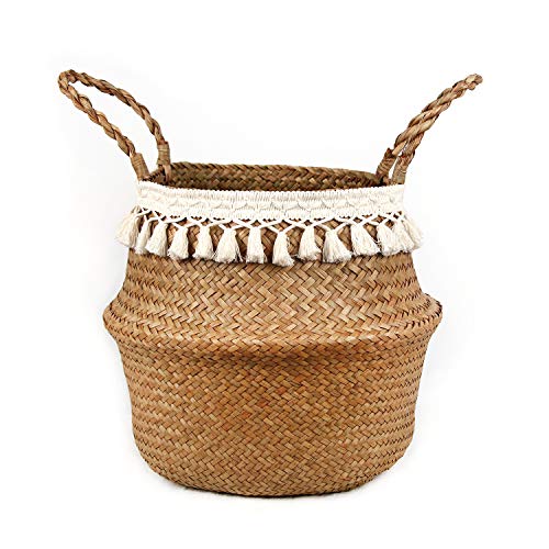 Boho Woven Seagrass Belly Basket for Storage Plant Basket or Toy Basket Living Bathroom (Large, Beige) - color: Beige, size: Large