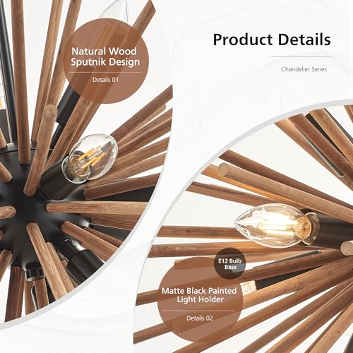 23.6" Farmhouse Sputnik Chandelier for Dining Room Rustic Handmade Natural Wood 12-Light Hanging Ceiling Pendant Light Fixture Starburst Wood Chandeliers for Kitchen Bedroom Foyer Hallway - size: Diameter 23.6", 12-Light