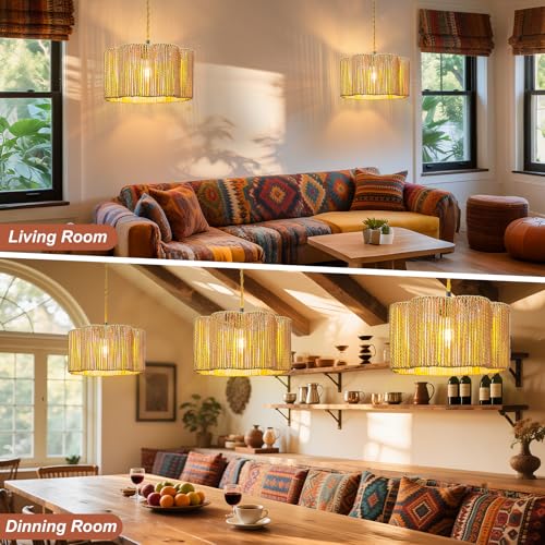 Hanging Lights with Plug in Cord Rattan Hanging Lamp Boho Ceiling Light Fixtures Farmhouse Pendant Lamp Shape for Living Room Bedroom Kitchen - size: 12.6 Inch-Flower Barrel Shade