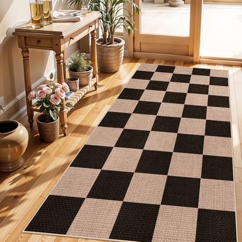 3x6 Kitchen Runner Rug Washable Non Slip: Diamond Pattern Faux Jute Rug - Thin Easy Clean Indoor Farmhouse - Boho Rugs for Entryway Kitchen Hallway Bedroom Modern Home Decor Mat (Black,3x6) - color: Black, size: 3' x 6' (Rectangular)